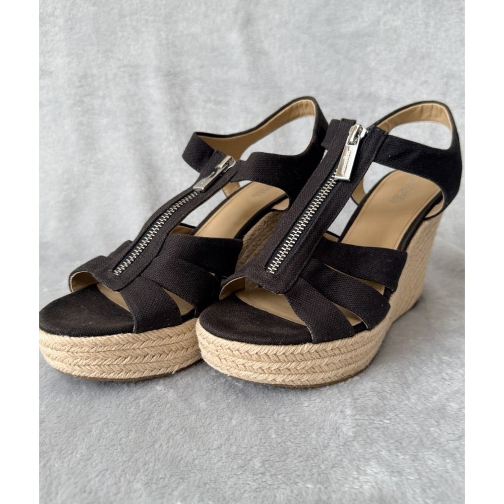 Michael Kors Black Canvas Espadrille Platform Wedge Sandals Size 8 Heels